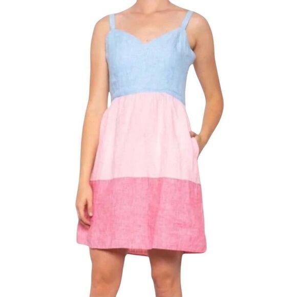 Cynthia Rowley 100% Linen Color Block Pink Blue Strappy Dress Size Medium - Picture 2 of 6